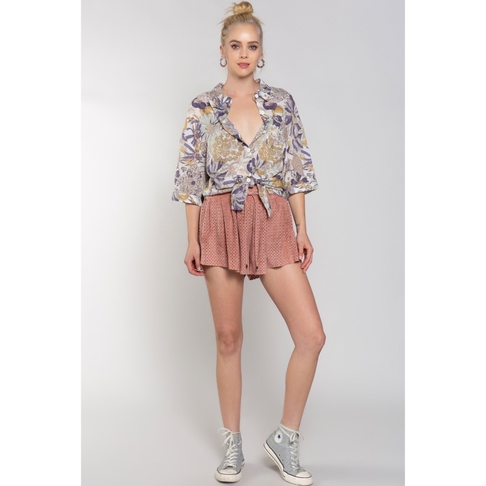 POL Dusty Pink Vegan Suede Smocked Waist Relaxed Fit Shorts - Picture 10 of 11